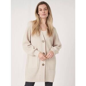 Repeat Cashmere Mid-Length Rib Knit Cardigan With Pockets in Moondust Medium